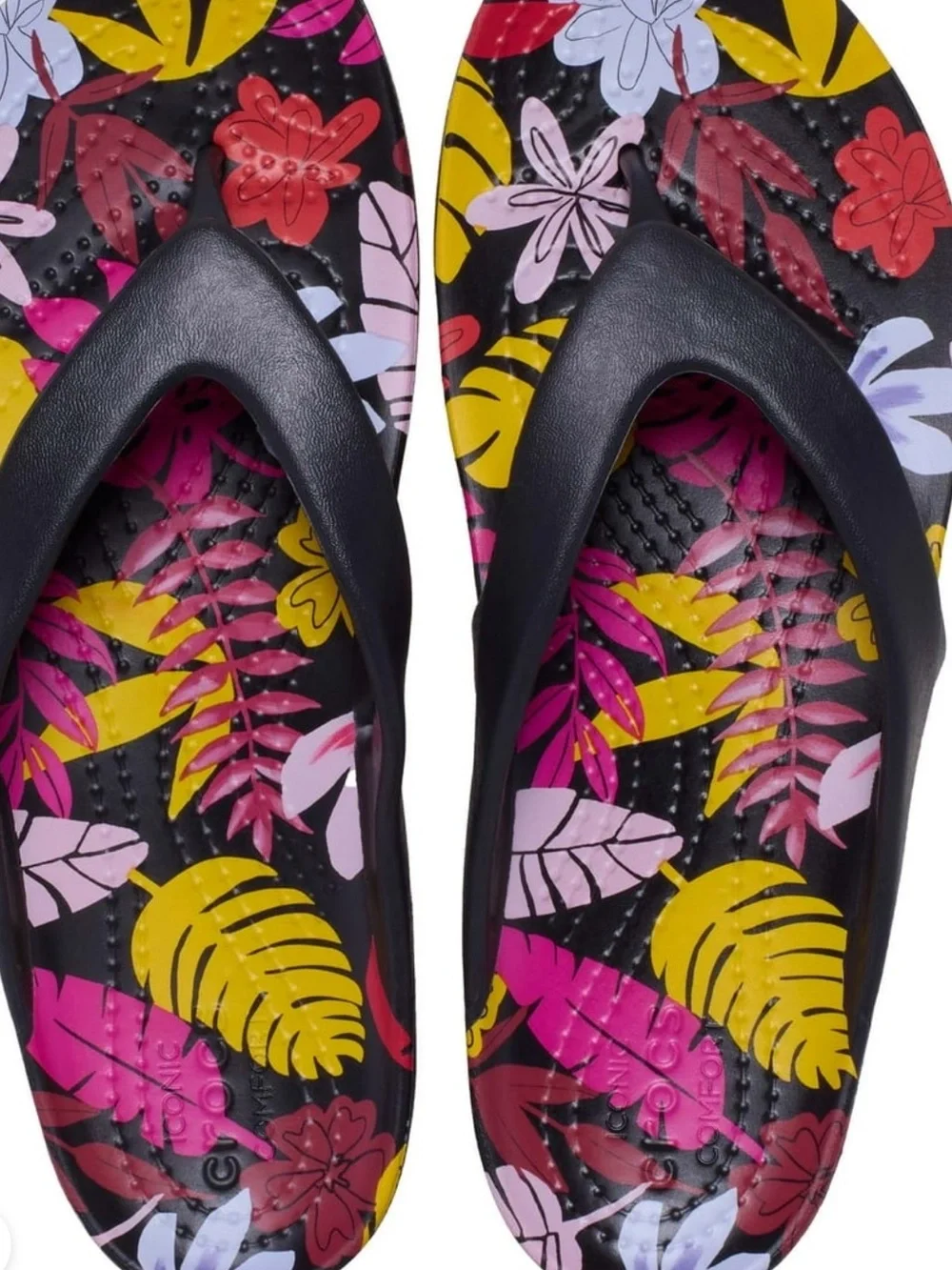 Women's Crocs Kadee Tropical Floral Print Black Flip Flop Sandals